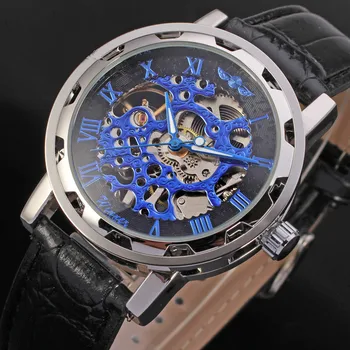 Steampunk Tuščiaviduriai Skeletas Mechaninis laikrodis Vyrams nugalėtojas Prekės Prabangių Verslo natūralios Odos Plieno Laikrodis Laikrodis atsparus Vandeniui