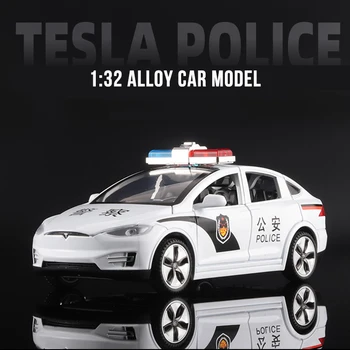 1:32 Tesla MODEL X Policija Lydinio Automobilio Modelį Diecasts & Žaislinės Transporto priemonės Žaislinius Automobilius Nemokamas Pristatymas Vaikams Kalėdų Dovanos Berniuko Žaislas Nuotrauka 0