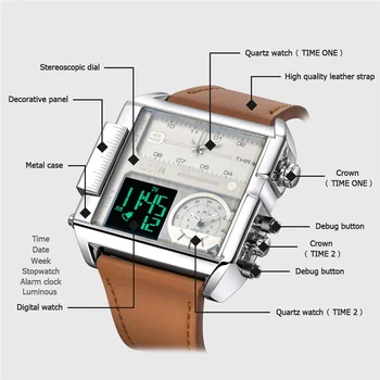 Naujas Dizainas LED Skaitmenų Dvigubas Ekranas Vyrų Laikrodžiai Didelis Dydis Aikštėje Dial Odinis Sport vyriški Laikrodžiai Prabangos Prekės ženklo Žiūrėti Male Nuotrauka 5