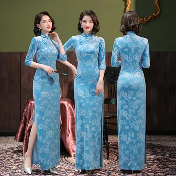 Ežero Blue Velvet Ilgai Cheongsam Gėlių ilgomis Rankovėmis Derliaus Pagerinti Moterų Suknelė Kinų Stiliaus Qipao S-5XL