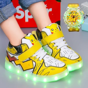 Pokemon Pikachu vaikų sportbačiai naujų aukštos viršų batai berniukams šviesos laisvalaikio bateliai plius šviesos žiūrėti vaikų gimtadienio dovana Nuotrauka 0