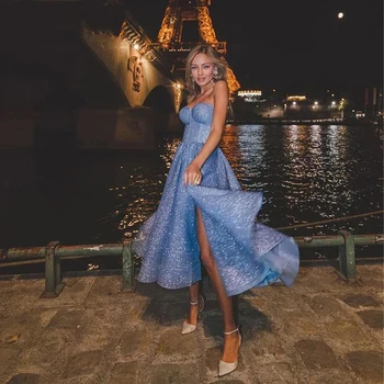 Išgalvotas Blizgučiai Blue-Line Trumpas Prom Dresses Stebėjimo Brangioji Princesė Vakarėlis Suknelė Pusėje Ritininės Arbatos Ilgas Vakarines Sukneles