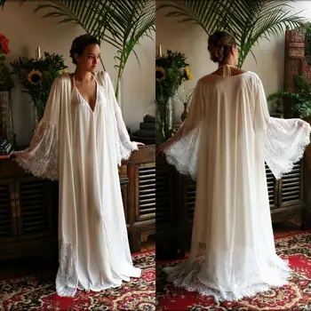 Dviejų Dalių Nuotakos Apdaras Nėrinių Kraštais Rankovės Vestuvių Sleepwear Nuotakos Lingerie Padažu Suknelė Kimono Skraiste Vestuvių Skraiste