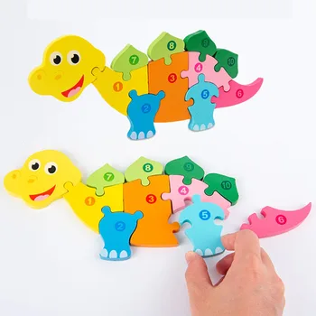 Mediniai Dinozaurai 3D Puzzle Montessori Gyvūnų Žirafa Žuvų Skaičių Dėlionės Vaikams Juokinga Švietimo Žaislai Nuotrauka 1