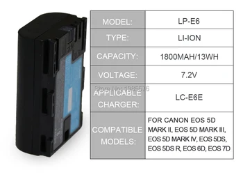 1pcs LP-E6 LPE6 LP E6 Fotoaparato Baterija Patvari EOS 5D Mark II III Mark2 mark3 5D2 5D3 6D Su Skaitmeninio Fotoaparato LC-E6E įkroviklis Nuotrauka 2