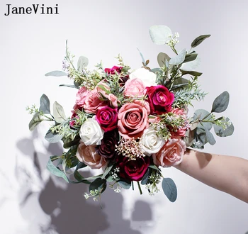 JaneVini Naujas Romantiškas Eukalipto Šilko Rožės Nuotakos Puokštės Dirbtinius Europos Rausvos Fuksija Gėlės, Vestuvių Puokštės Priedai Nuotrauka 2