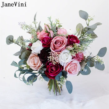 JaneVini Naujas Romantiškas Eukalipto Šilko Rožės Nuotakos Puokštės Dirbtinius Europos Rausvos Fuksija Gėlės, Vestuvių Puokštės Priedai Nuotrauka 3