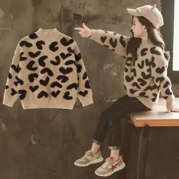 Merginos Megztinis Vaikai Kailis Outwear 2022 Leopard Plius Aksomo Tirštėti Šiltas Žiemą, Rudenį, Šukuotinės Vilnos Kalėdų Vaikų Drabužiai
