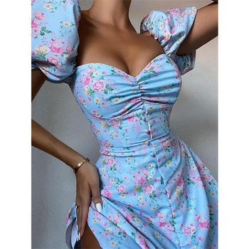 Forefair 2021 M. Vasaros Gėlių Spausdinti Sluoksniuotos Rankovėmis Moterims Bodycon Suknelė Ponios Gėlių Mados Šalis Elegantiškas Velniop Kaklo Mini Suknelės Nuotrauka 2