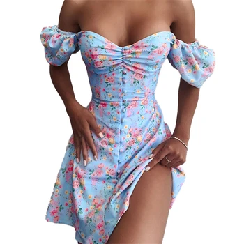 Forefair 2021 M. Vasaros Gėlių Spausdinti Sluoksniuotos Rankovėmis Moterims Bodycon Suknelė Ponios Gėlių Mados Šalis Elegantiškas Velniop Kaklo Mini Suknelės Nuotrauka 5