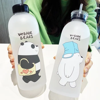 1000ml Vandens Butelių Mielas Panda Bear Puodelis Su Šiaudų Skaidrus Animacinių filmų Vandens Butelis Drinkware Matinio stiklo Puodelis nepralaidžiose