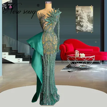 Prabangus Ilgas Zawalcowany Vakare Šalis Suknelė Couture Žalia Kristalai Prom Chalatai Vestuvių Vakaro Drabužiai 2022 Vestidos Arabų Dubajus Suknelė Nuotrauka 0