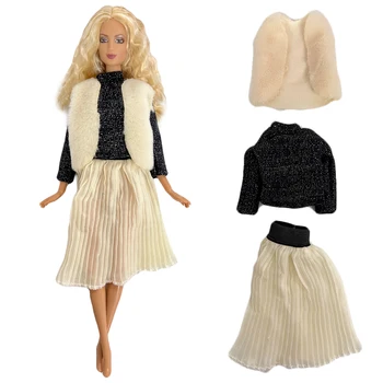 NK 3 Straipsniai/Mados Kailio Liemenė+ Juodi Marškinėliai + Moderni Suknelė Atsitiktinis Apranga Barbie Doll Suknelė Mergaičių Lėlės Reikmenys, Žaislai Nuotrauka 0