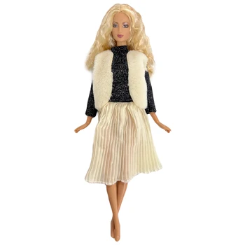 NK 3 Straipsniai/Mados Kailio Liemenė+ Juodi Marškinėliai + Moderni Suknelė Atsitiktinis Apranga Barbie Doll Suknelė Mergaičių Lėlės Reikmenys, Žaislai Nuotrauka 1