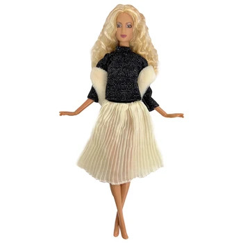 NK 3 Straipsniai/Mados Kailio Liemenė+ Juodi Marškinėliai + Moderni Suknelė Atsitiktinis Apranga Barbie Doll Suknelė Mergaičių Lėlės Reikmenys, Žaislai Nuotrauka 2