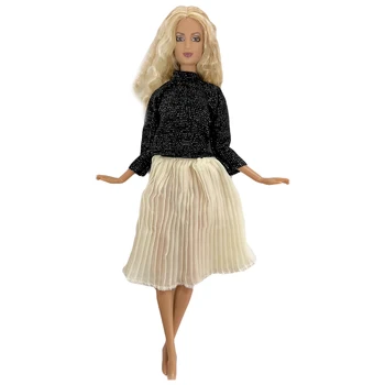 NK 3 Straipsniai/Mados Kailio Liemenė+ Juodi Marškinėliai + Moderni Suknelė Atsitiktinis Apranga Barbie Doll Suknelė Mergaičių Lėlės Reikmenys, Žaislai Nuotrauka 3