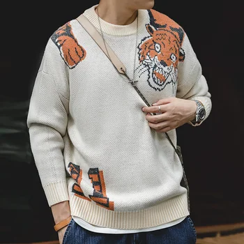 Maden Vyrų Tigras Modelis Derliaus O-Kaklo Džemperis Šiltas Kasdien Trikotažas Puloveris Harajuku Negabaritinių Helovinas Megztiniai Rudenį, Žiemą Nuotrauka 0